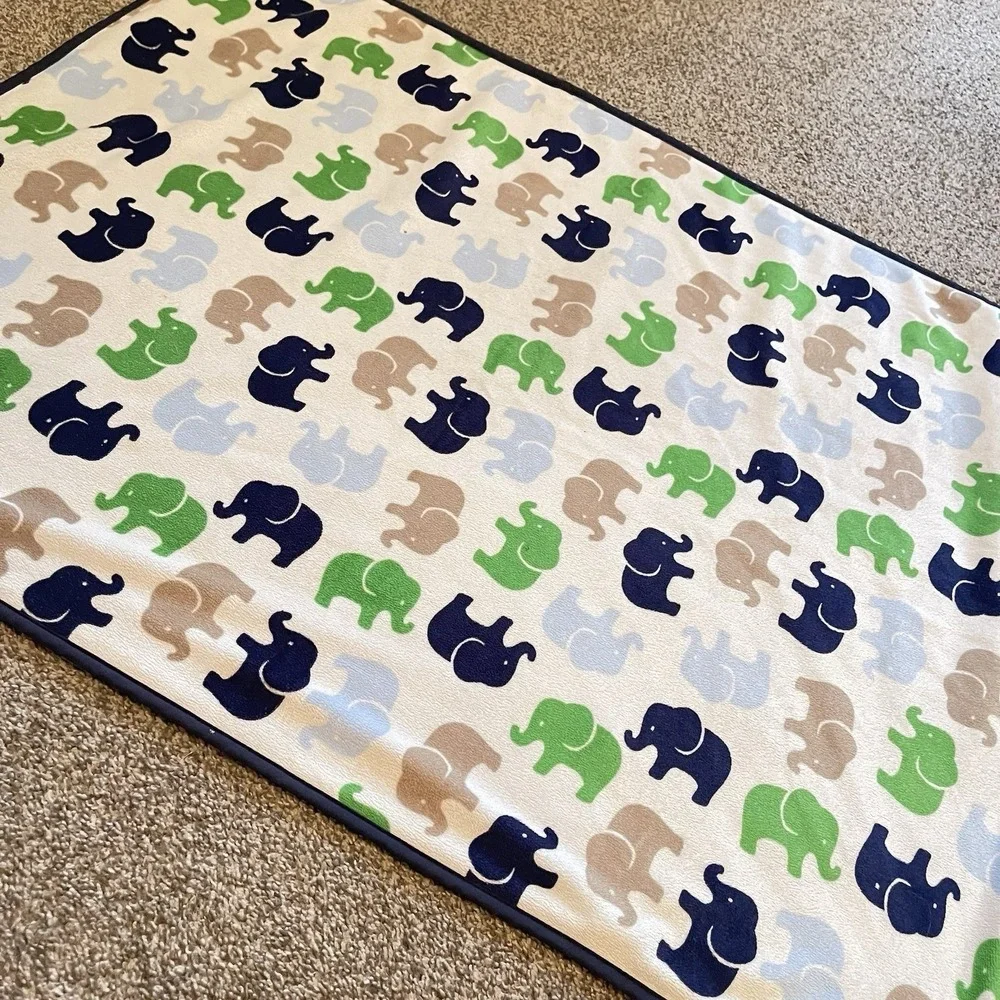 FLAW Carters Elephant Baby Blanket Navy Blue Green Tan Sherpa 30x38